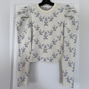 Zara Cream Blue Floral Puff Sleeve Blouse